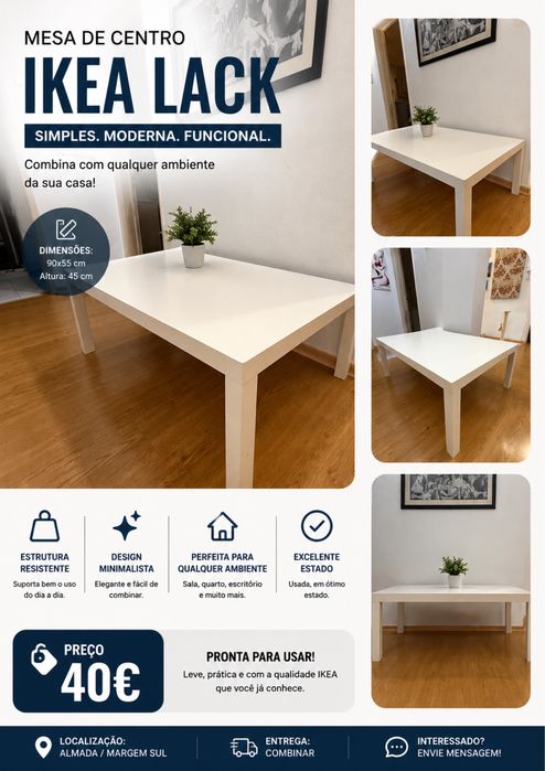 IKEA : Mesa de Centro IKEA LACK Branca – Excelente Estado