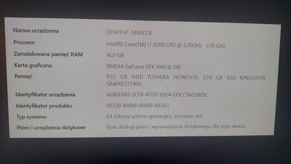Komputer i7-8700 3.20GHz/gtx 1060 6gb/16 GB/SSD + HDD 1TB