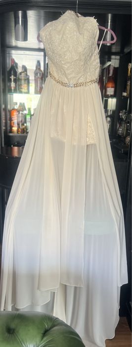 Suknia ślubna Wesele ecru kremowa S / XS z trenem szyfon