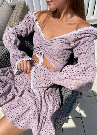 Легка сукня з прошви з воланами, рожева, довгий рукав