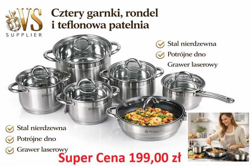 Zestaw garnków stal nierdzewna  12 el + patelnia teflonowa