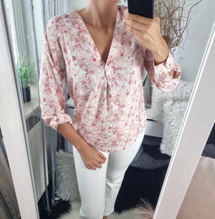 Koszula damska w kwiaty z 100% wiskozy pudrowy róż nowa S