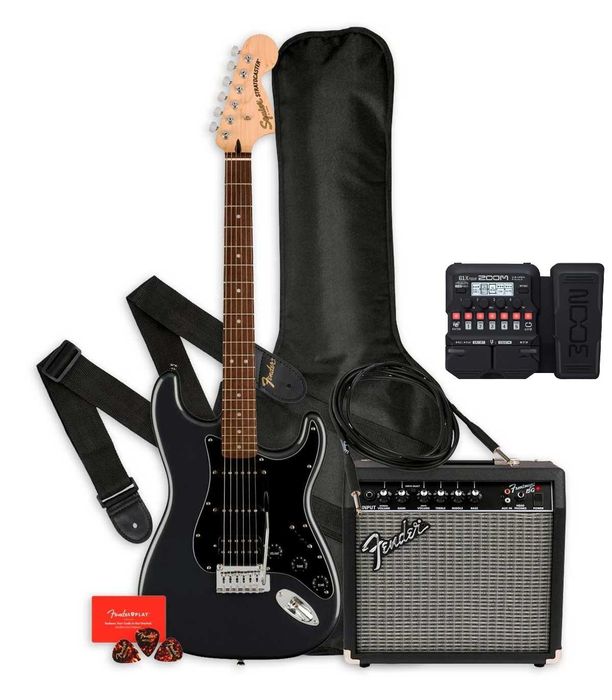 Pack Guitarra Stratocaster Squier + Pedal Guitarra Multi-FX G1X Four Zoom + Suporte de Guitarra