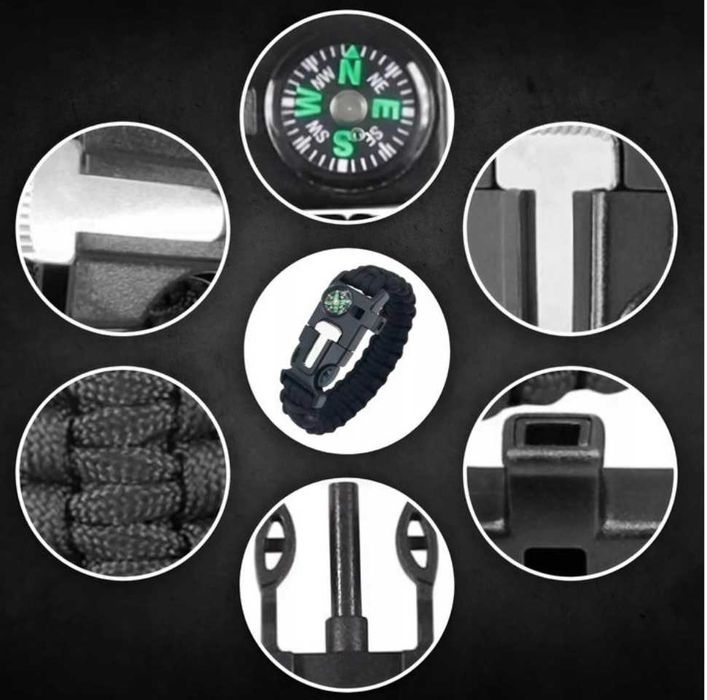 BRANSOLETKA OPASKA PARACORD 5w1 krzesiwo kompas gwizdek survival