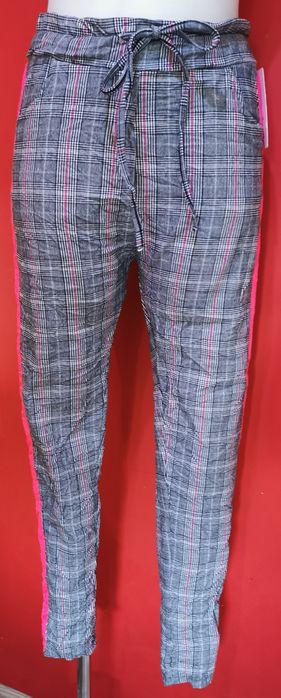 Spodnie w kratkę gnieciuchy lampas neon róż