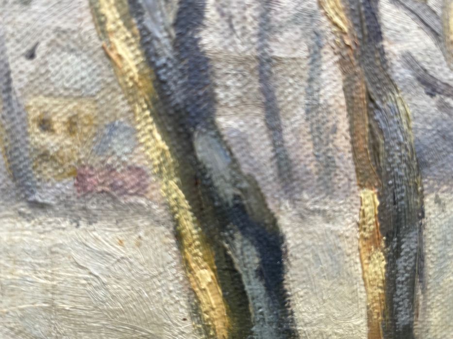 Obraz olejny na płótnie - zimowy pejzaż aleja drzew z 1931 r. sygnatura