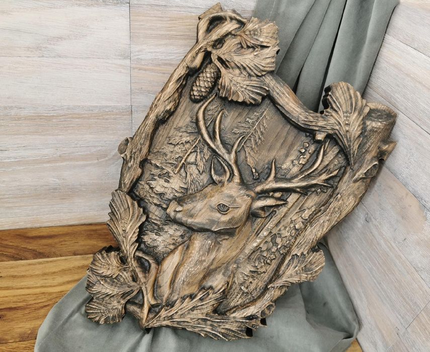 Obraz Płaskorzeźba drewniana trofeum JELEŃ prezent dla myśliwego 30cm