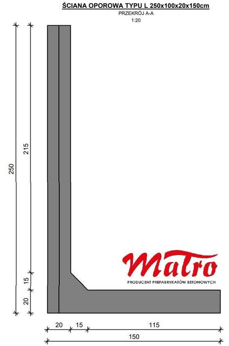 Prefabrykat muru oporowego typu L na zakładkę 250/100/20/150mur mury