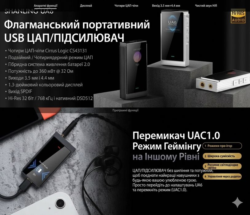 ЦАП із вбудованим підсилювачем Shanling UA6 - 4xCS43131, 32Bit / 768kHz + кейс у подарунок