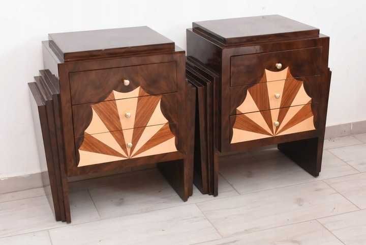 Geometryczne Stoliki Nocne Art Deco - Szafki Nakastliki Drewno