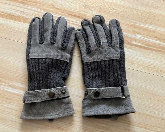 Szare rękawiczki skórzane z akrylem, ciepłe, wygodne, z podszewką