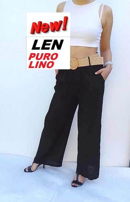 Nowe! Czarne lniane spodnie 100% le puro lino S M L uniwersalne