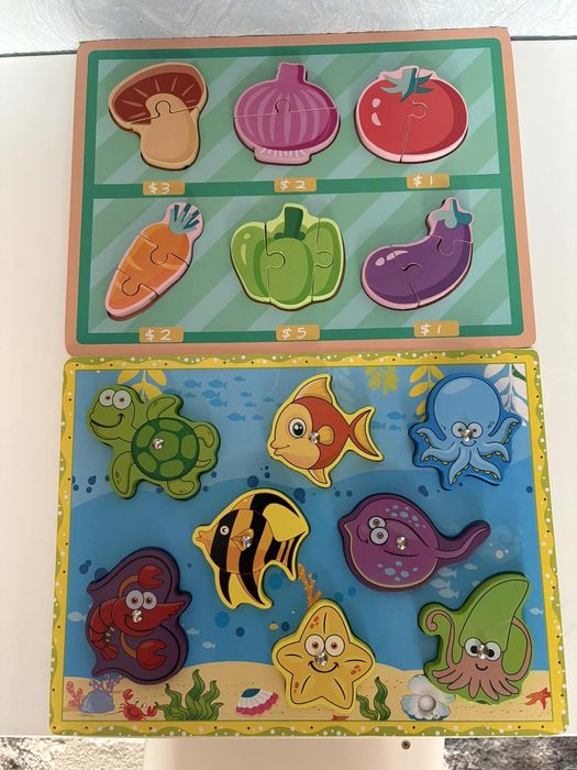 Пазли дитячі дерев'яні, овочі та рибки