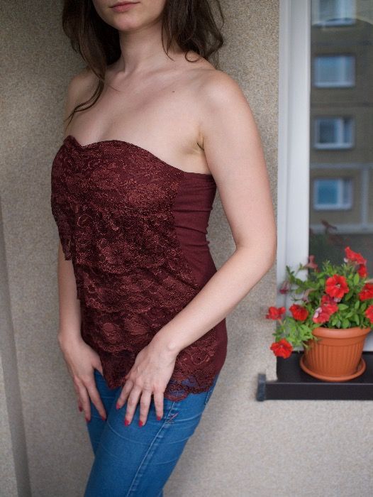 Koronkowa romantyczna bluzka gorsetowa, bordo, S, hiszpanka