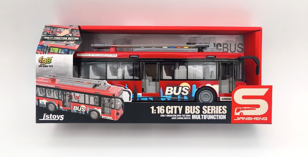 Nowy duży trolejbus 26 cm na baterie otwierane drzwi efekty dźwiękowe