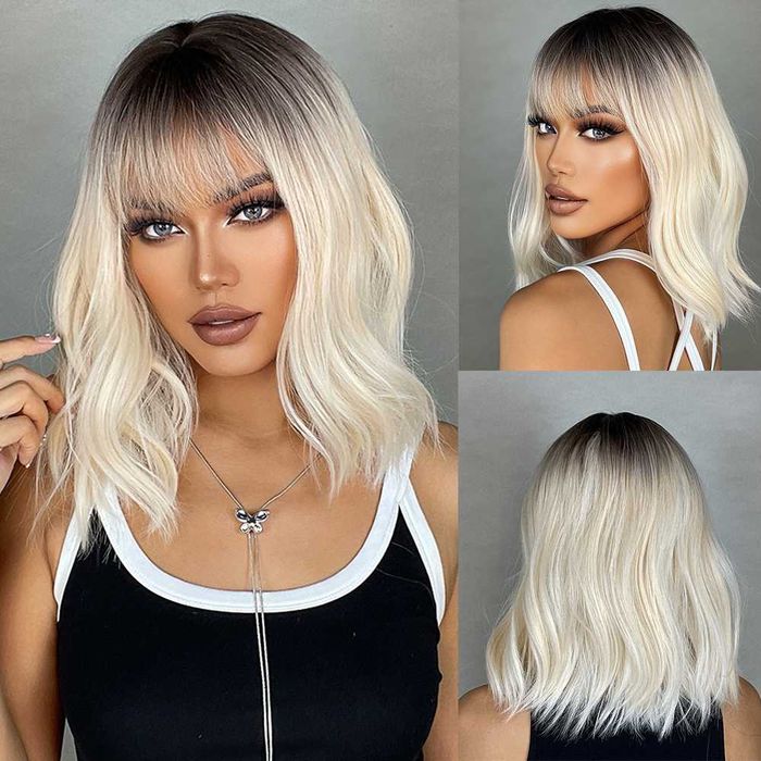 Nowa peruka bob chłodny blond ombre Na codzień włosy jak naturalne