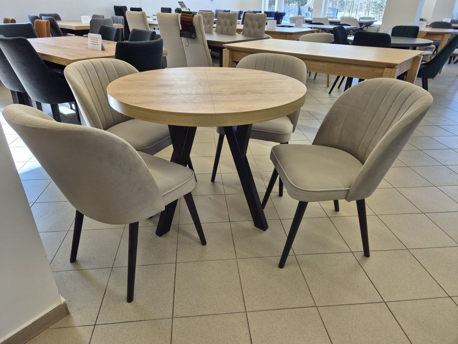 Stół okrągły rozsuwany do 200cm + 4 krzesła tapicerowane od ręki