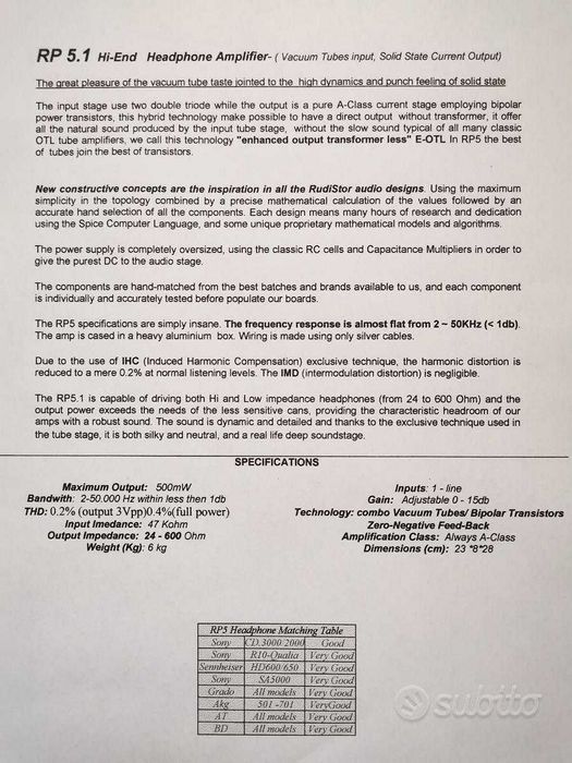 Amplificador a válvulas para headphones Rudistor RP5.1
