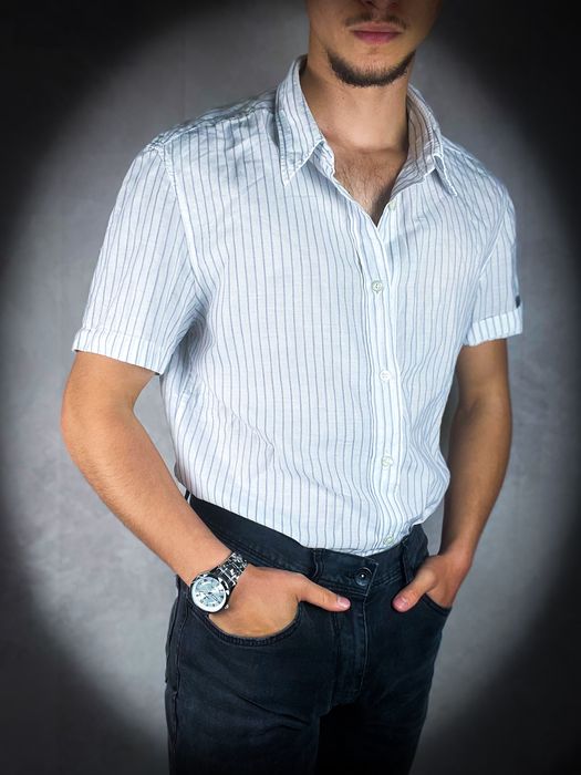 (L) Hugo Boss Nowa Biała Męska Koszula w Paski z Krótkim Rękawem