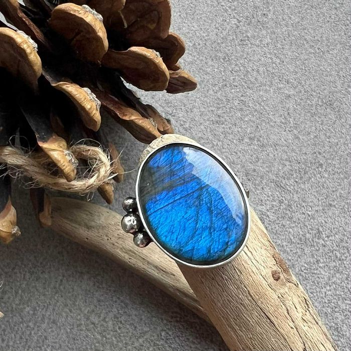 Pierścionek labradoryt niebieski srebro 925 regulowany rozmiar