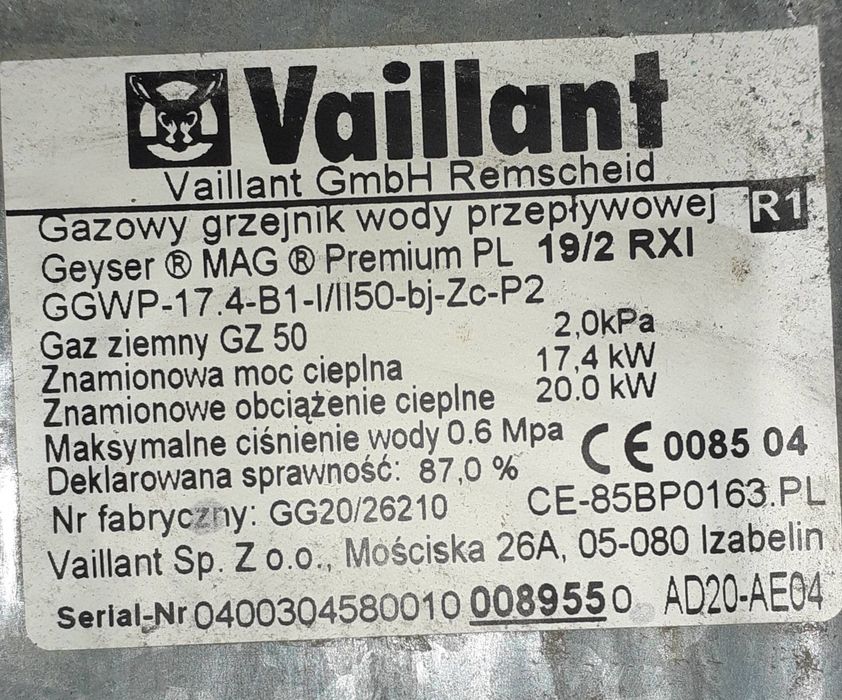 Gazowy grzejnik wody Vaillant geyser mag premium 19/2 rxi