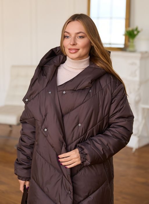 Куртка зимова жіноча для вагітних шоколадний  Пальто довге з капюшоном