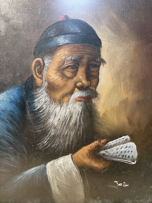 Conjunto de 2 pinturas Escola Chinesa vintage assinadas e emolduradas