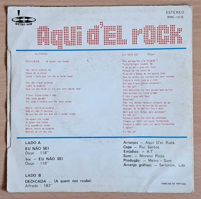 AQUI D'EL-ROCK Eu Não Sei Dedicada 7/45 Disco Novo 1979 PORTUGAL PUNK