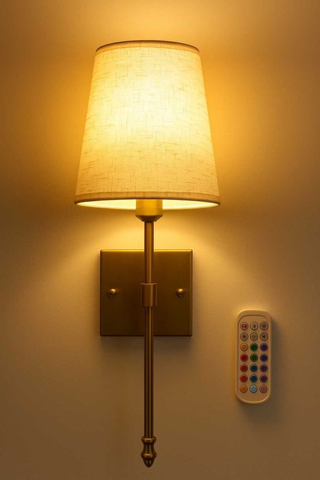 Zestaw 2 lamp ściennych LED z pilotem – ciepłe światło i RGB, złote