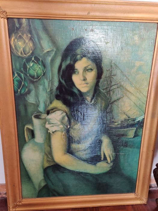 Quadro pintura Francisco Rivera Gomez com barcos navio