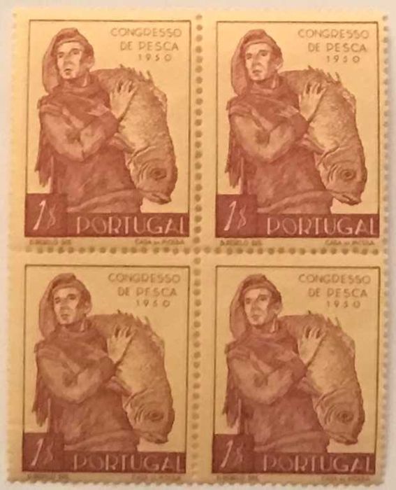 Quadra de selos novos de 1$00 - 3. Congresso Nacional de Pesca - 1951