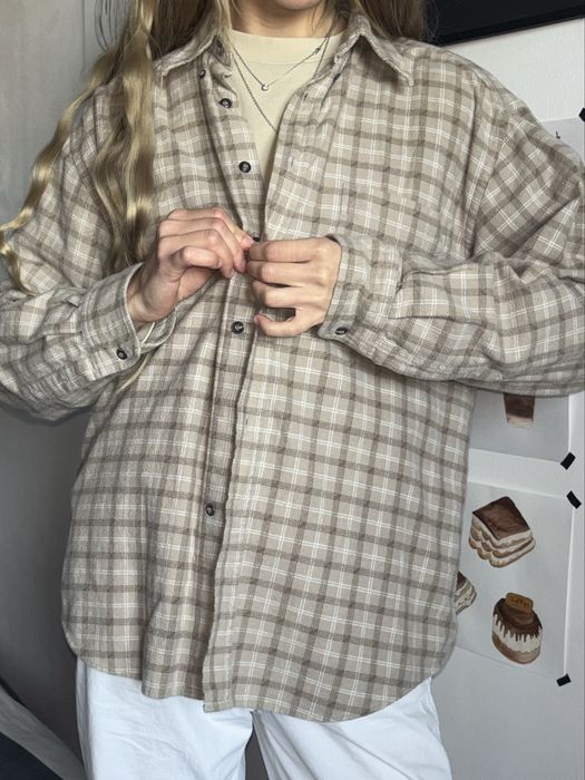 Сорочка бежева в клітинку, сорочка під вінтаж в клітинку