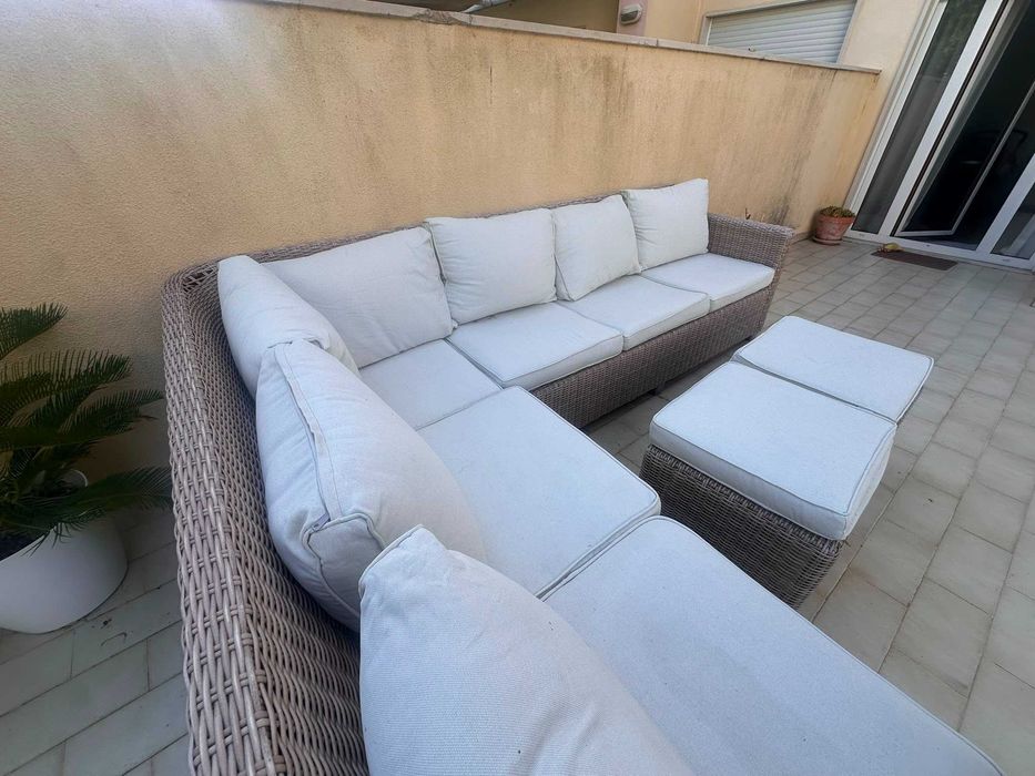 Conjunto jardim relax sofá de canto, 2 bancos e mesa bege 7 pessoas Medena Naterial