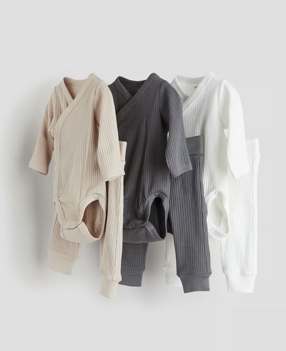 Komplet 6-częściowy z bawełny w prążki 68 biały brązowy ciemnoszar h&m