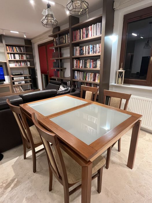 Stół z litego drewna z blatem szklanym + 6 krzeseł