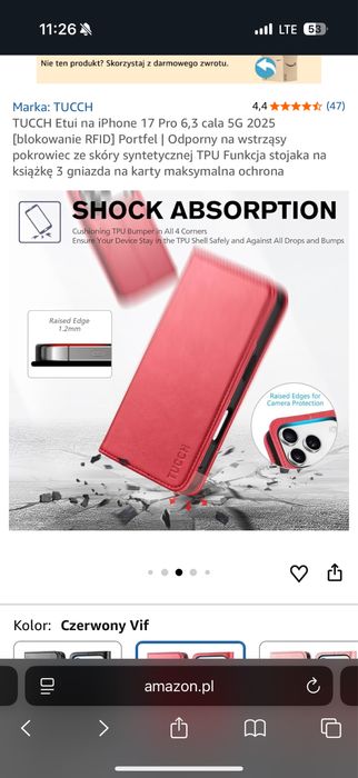 TUCCH Etui / Case do iPhone 17 Pro, kolor czerwony