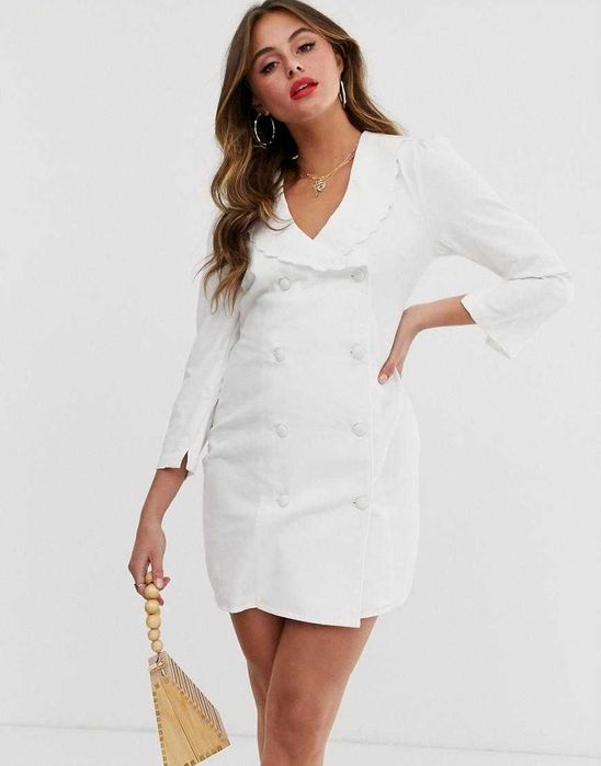Asos Biała Sukienka Marynarka Dwurzędowa Haft Jeans Bawełna Boho S