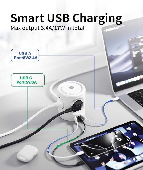 Przedłużacz Kostka Kostkowy 7w1 USB-C Lampka