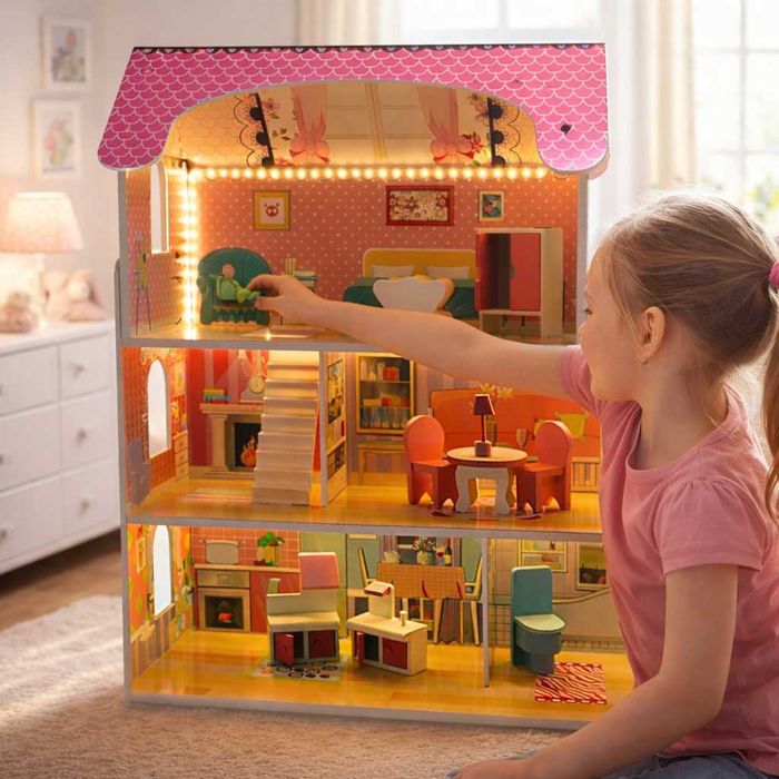 XXL Domek dla lalek drewniany LED+mebelki prezent dla dziewczynki NOWY
