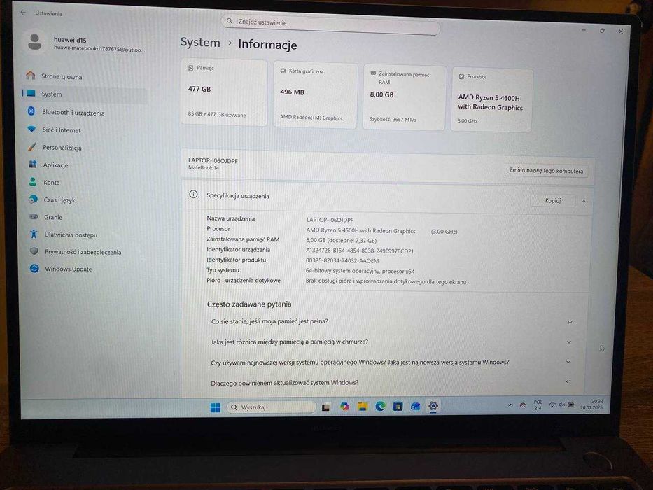 laptop HUAWEI MateBook D14 — stan bardzo dobry!