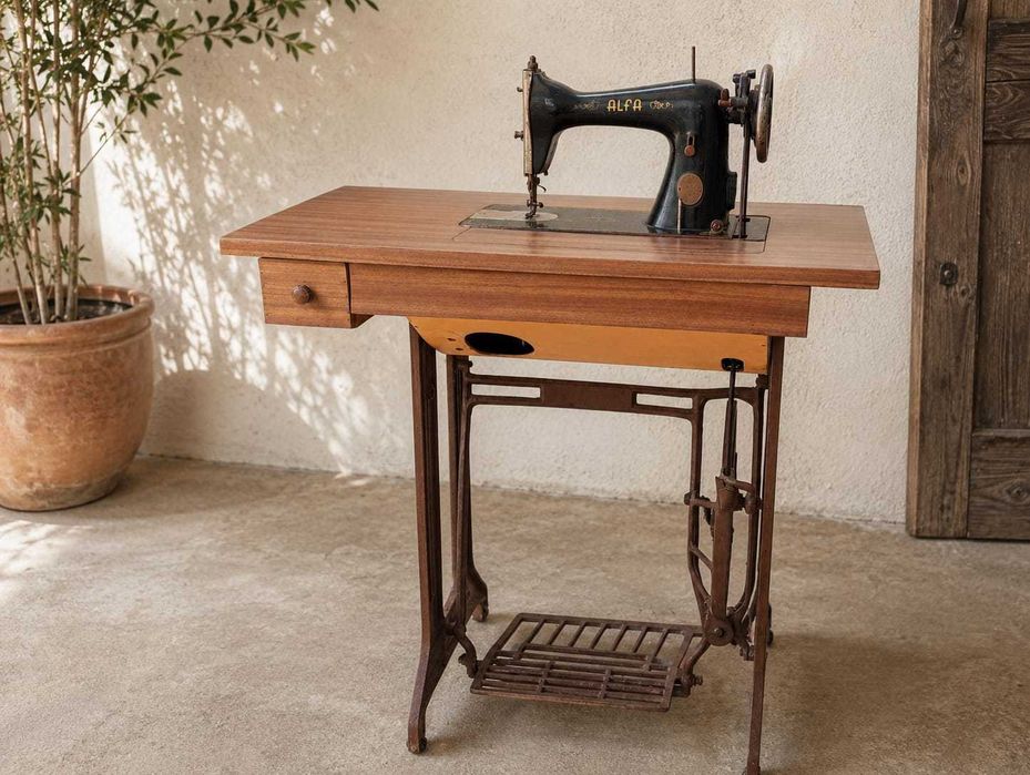 Máquina de Costura Antiga ALFA com Móvel e Pedal | Vintage