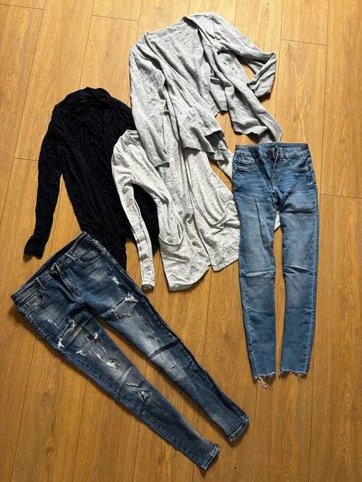 Zestaw komplet mega paka ubrań spodnie rurki skinny push up kardigan sweter sweterek