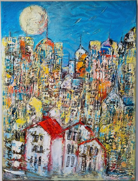 MIASTO obraz olejny 30x40 faktura farby RÓŻNE