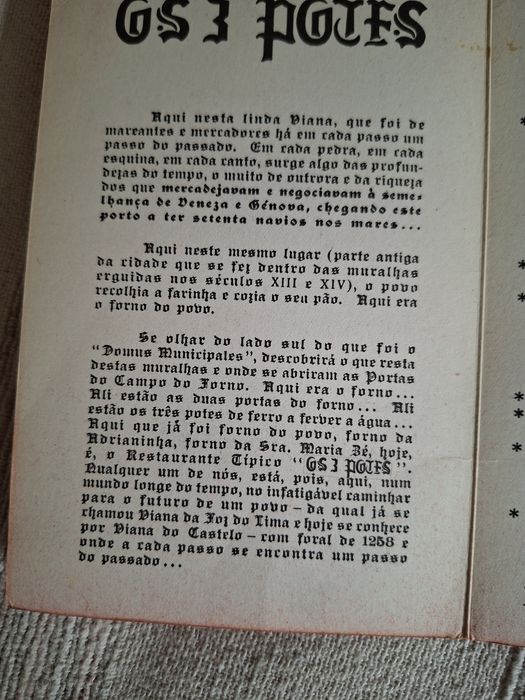 Restaurante Os 3 Potes Viana do Castelo antigo folheto menu de 1977