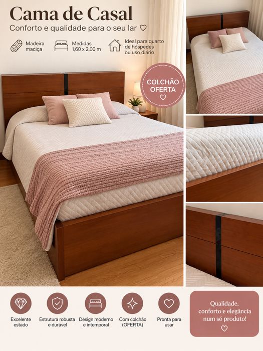 Cama de casal em madeira 160 × 200 cm + colchão oferta