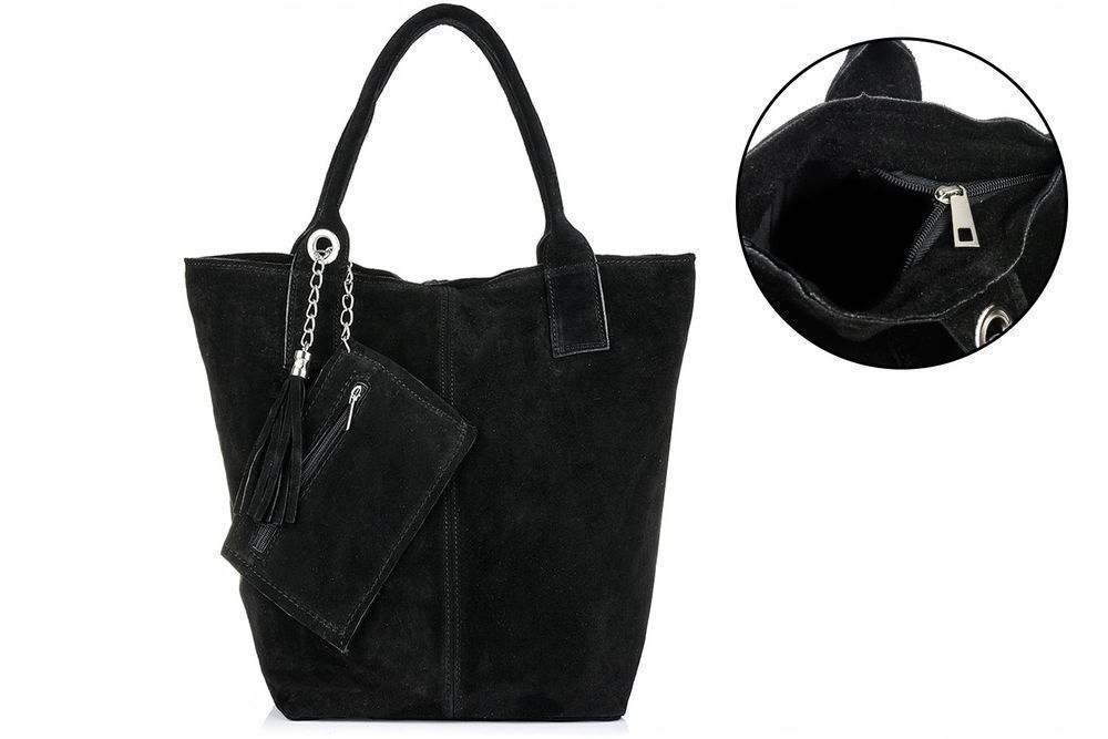 Włoska Torebka Skórzana Zamszowa A4 na suwak duża