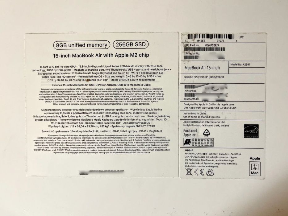 APPLE MacBook Air A2941 Space Gray 2023 M2 SSD 256GB LED IPS Retina