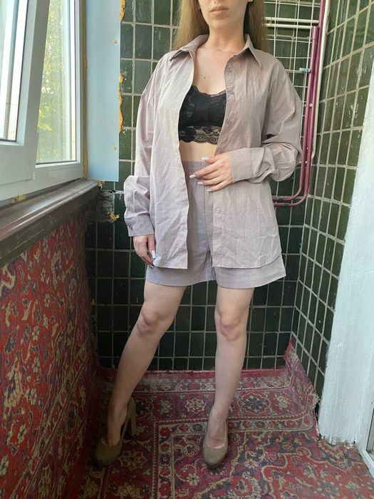 Жіночий літній костюм з бавовни шорти сорочка коричневий оверсайз