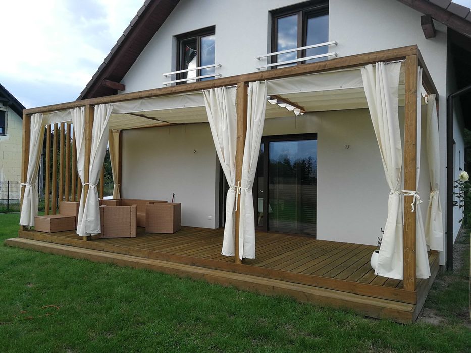 Zadaszenie materiałowe, roleta rzymska, pergola, żagiel, zasłony