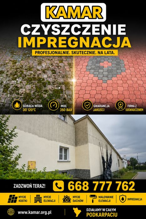 Czyszczenie & Impregnacja - Mycie Kostki Brukowej,  Mycie Elewacji, Mycie Dachu, Malowanie elewacji | Gorąca woda  | 350 BAR | Firma KAMAR - Jasło
